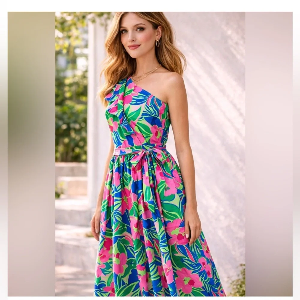 J. Crew One-Shoulder Floral Midi Dress in Pink, Green & Blue - Picture 2 of 8